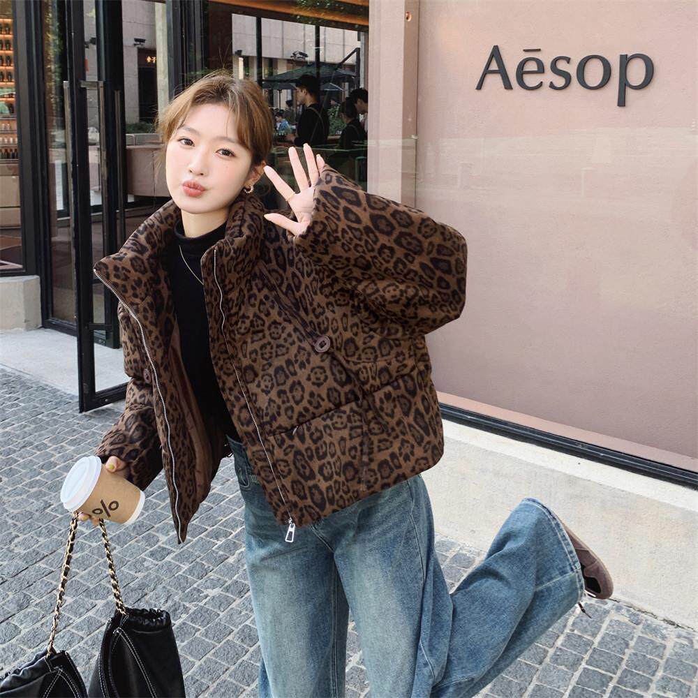 MEJEGOT 豹纹短款羽绒服女冬季立领90白鸭绒韩系时髦保暖面包服