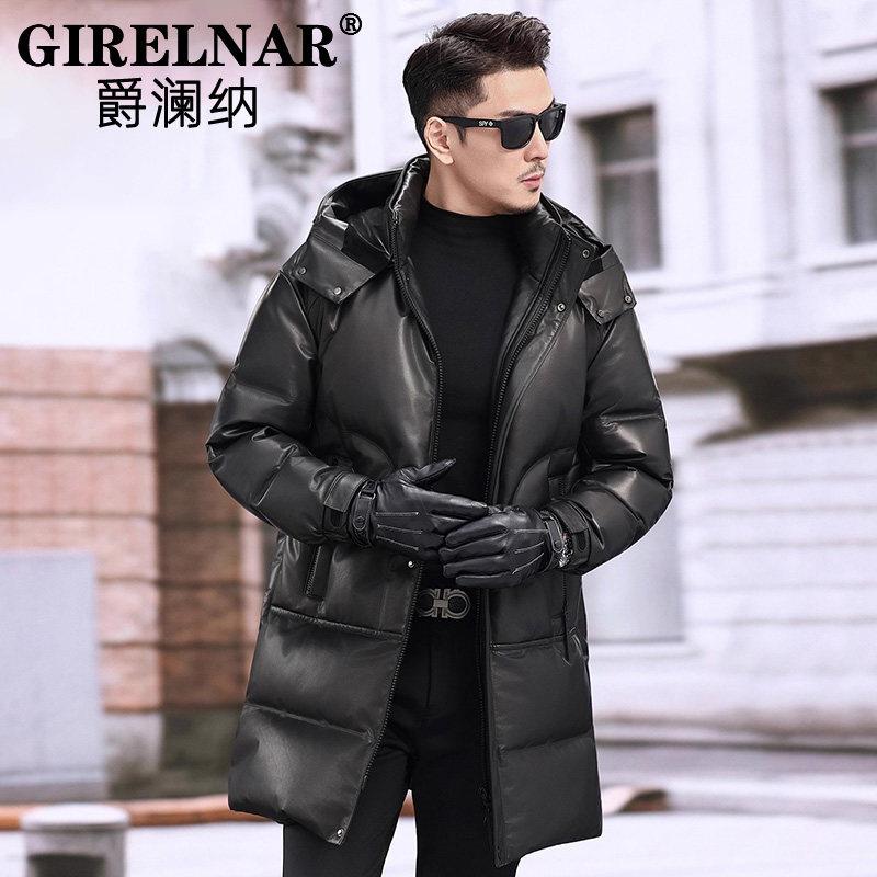 爵澜纳冬季真皮皮衣中长款羽绒服男头层牛皮连帽保暖加厚外套男