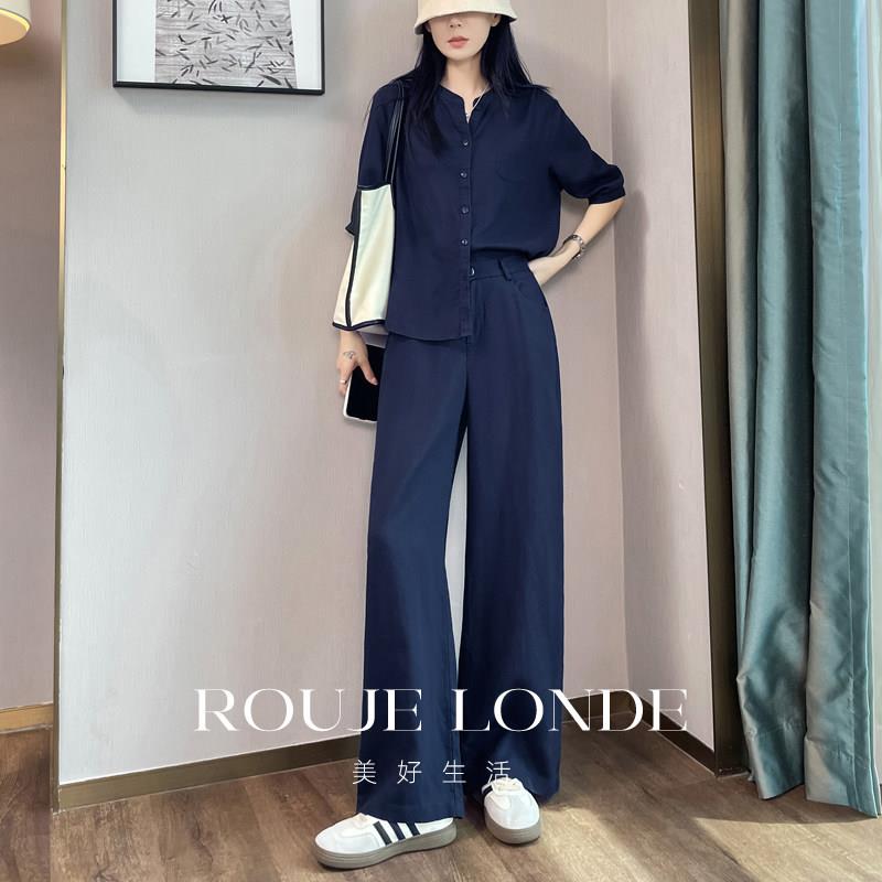 ROUJE LONDE蓝色衬衫天丝亚麻套装女夏高级感简约薄款上衣两件套