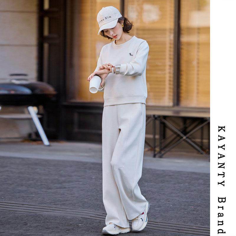 KAYANTY米色运动服套装女2025春秋减龄圆领套头卫衣阔腿裤两件套