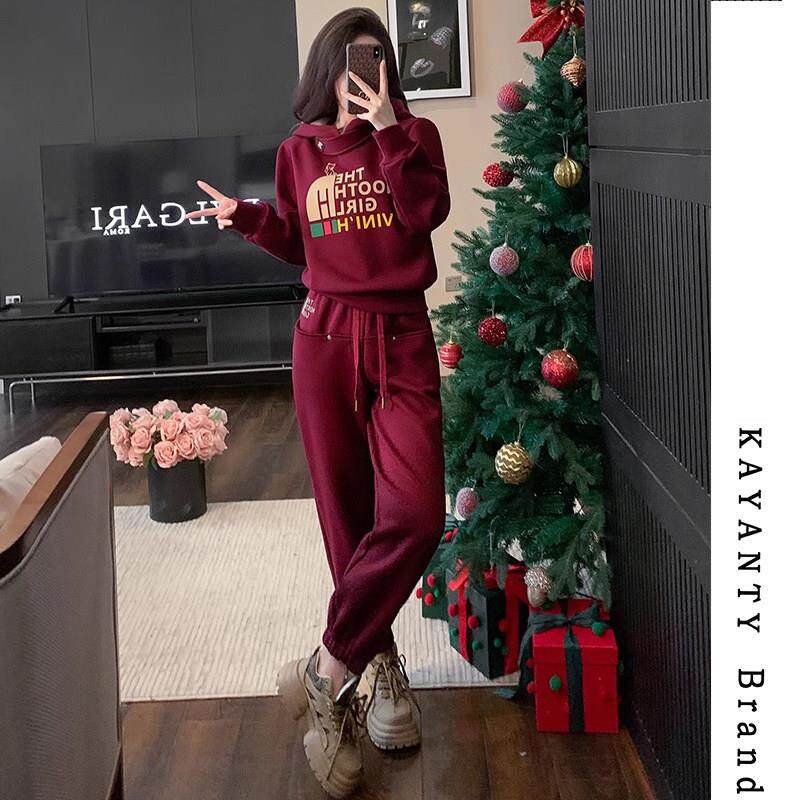 KAYANTY休闲运动套装女春季新款时尚连帽加绒红色卫衣两件套