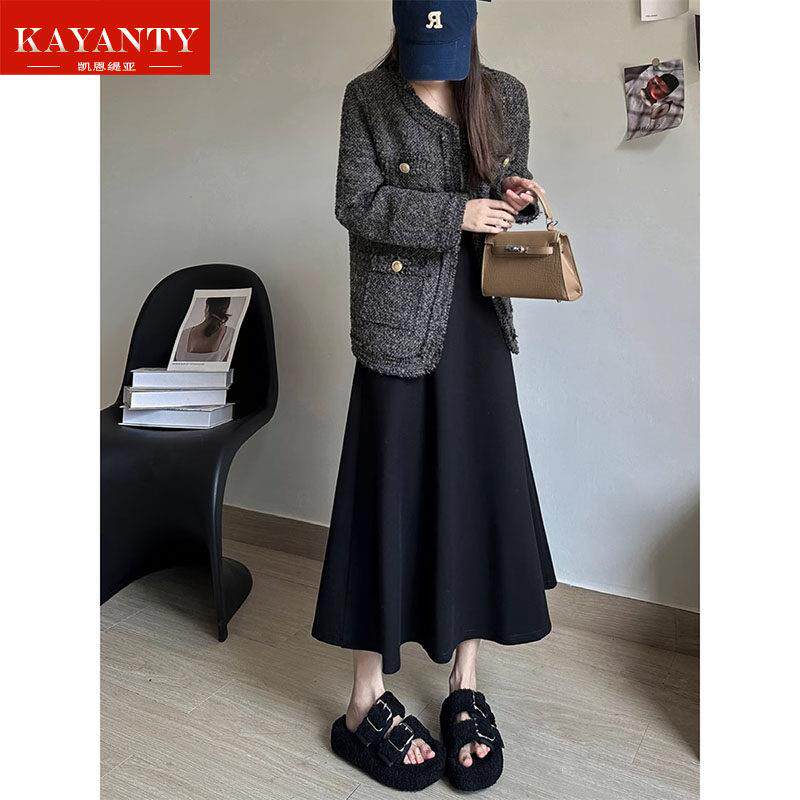 KAYANTY黑色a字裙秋冬新款高腰显瘦垂感加厚针织半身裙中长款
