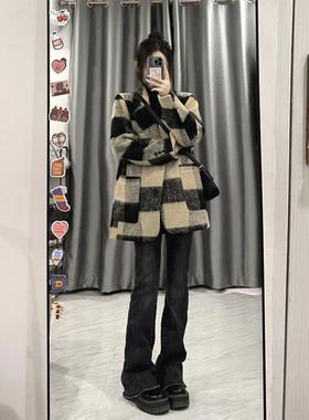 LILY MOST格子短款呢子大衣女毛呢外套秋冬季小个子高级感赫本风