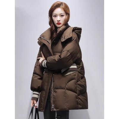 Spyb时尚休闲连帽羽绒服妇女的中长度冬季新加厚宽松温暖白色鸭羽