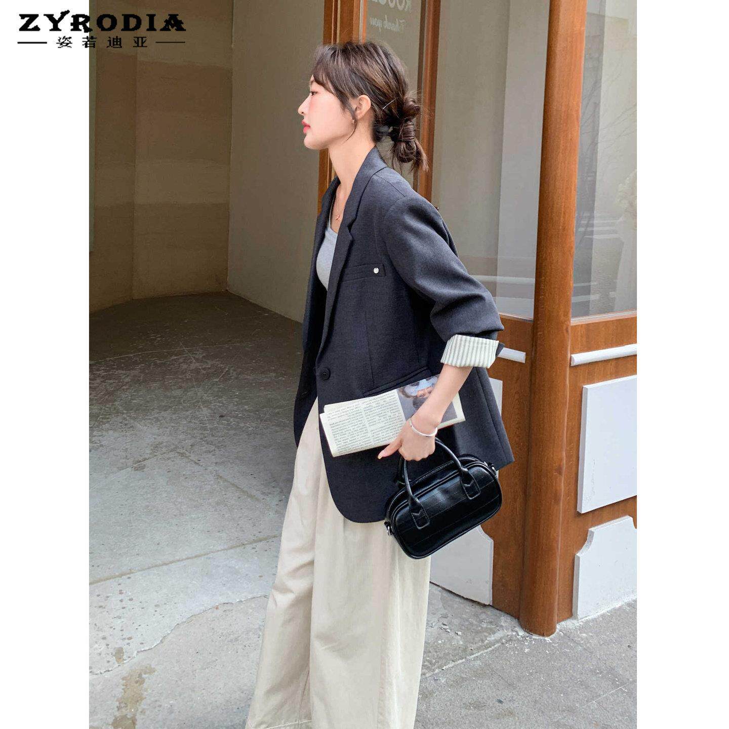 ZYRODIA灰色条纹拼接西装外套女2026春气质复古高级感老钱风西服