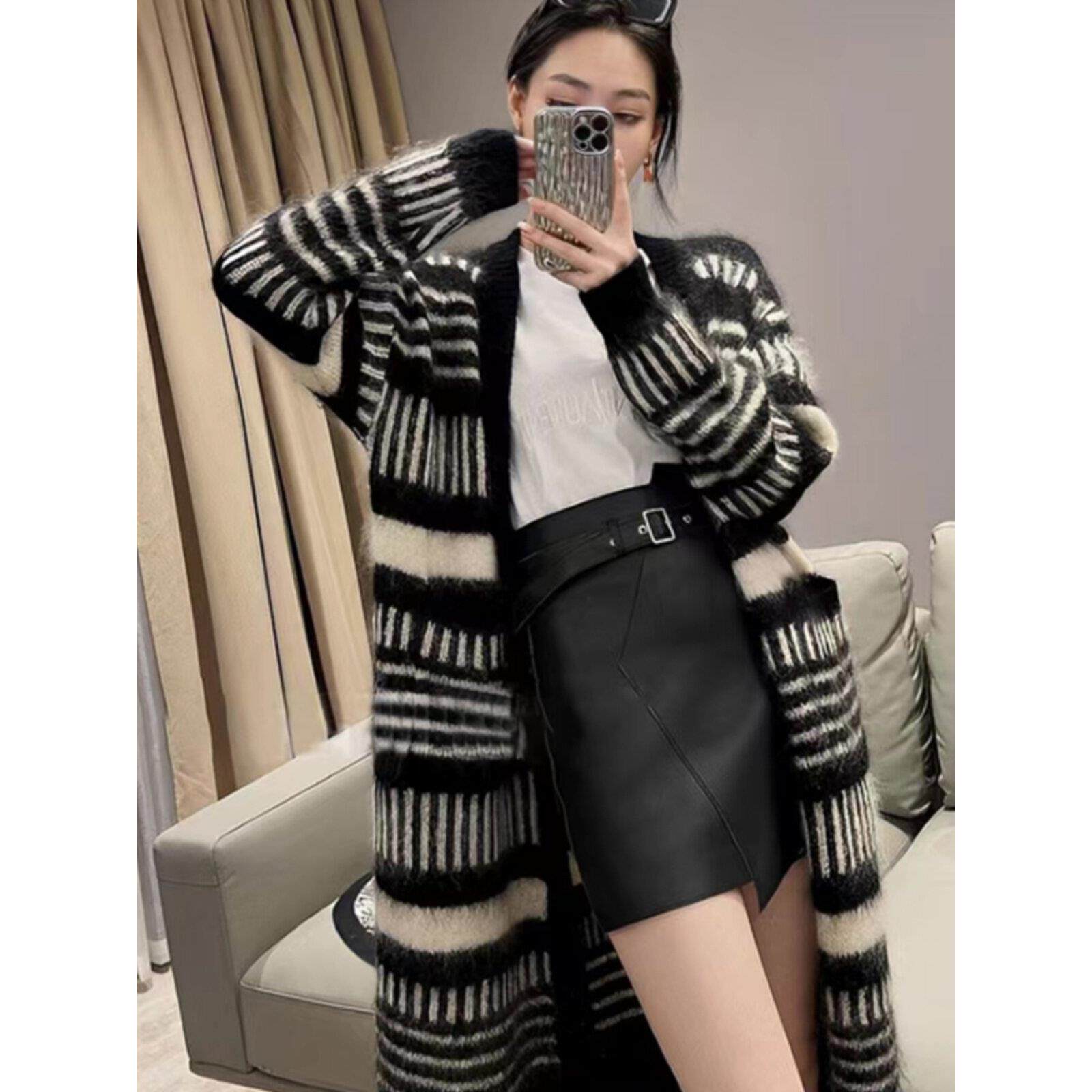 SPYB黑色条纹小香风毛衣针织开衫女春秋中长款宽松慵懒风外套大衣