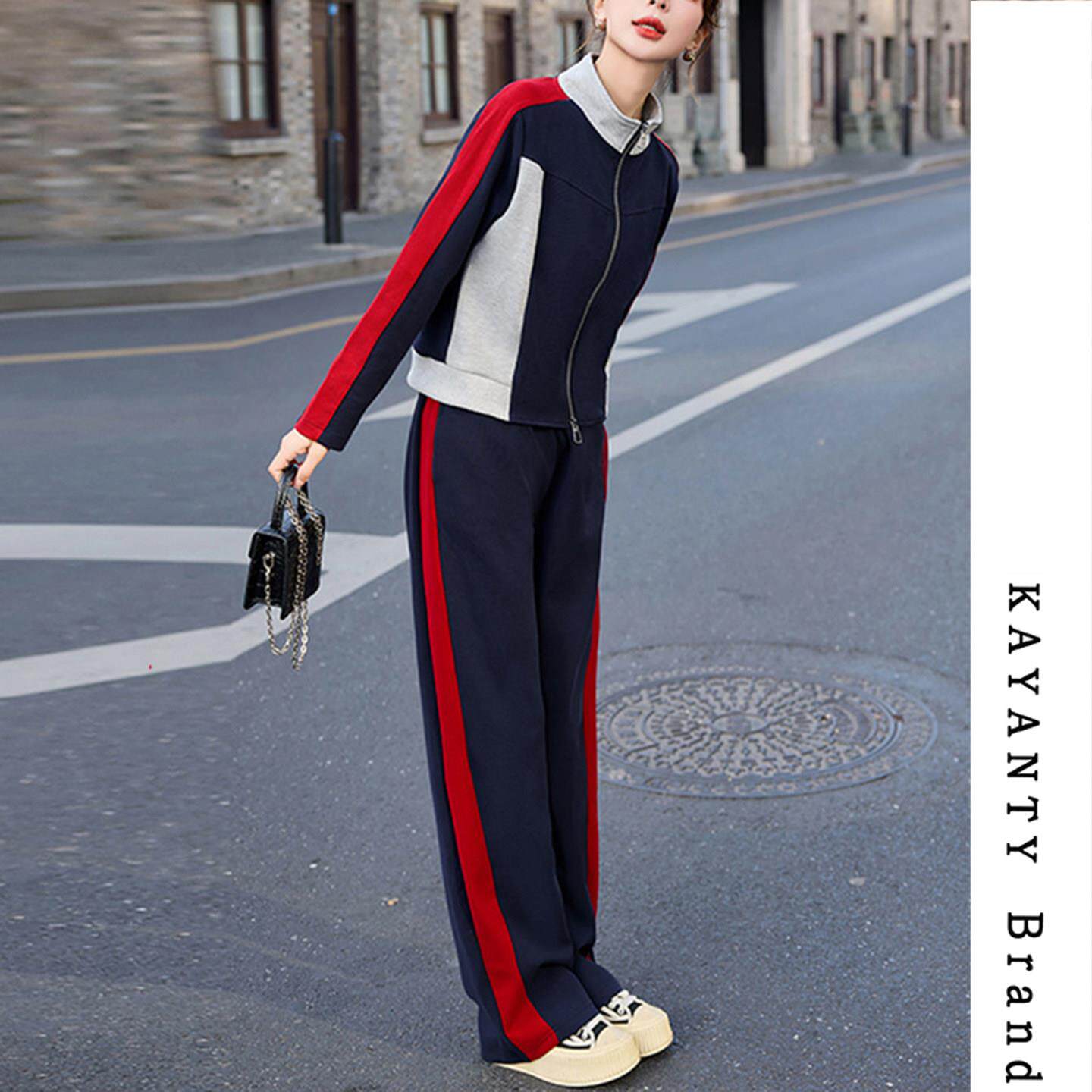 KAYANTY运动套装女秋冬新款时尚显瘦开衫拼色休闲服卫衣两件套棉