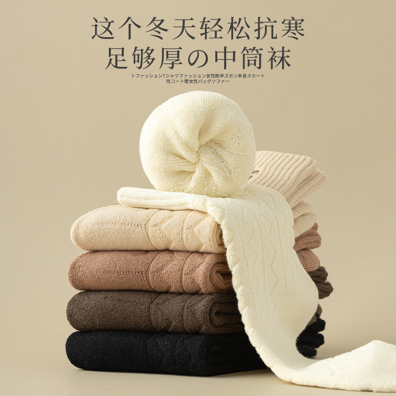 秋冬款ins袜子女中筒袜加绒加厚保暖毛圈长筒月子袜女士长袜