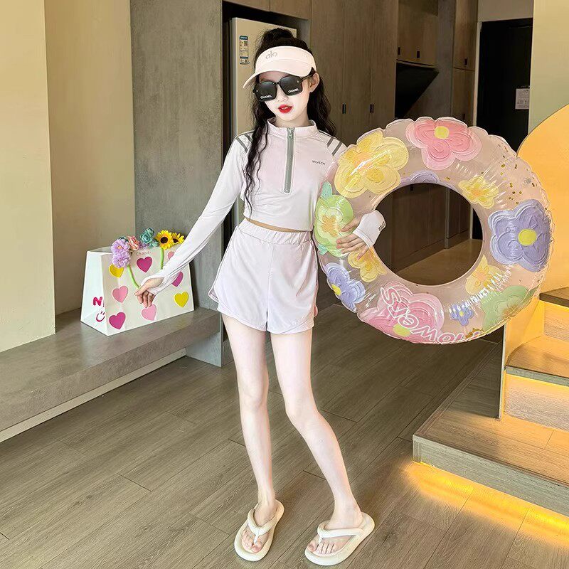 儿童泳衣女童泳衣分体中大童长袖防晒海边游玩泳装女孩游泳训练服