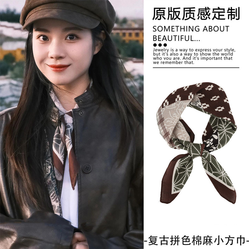 日系复古拼色棉麻小方巾女2026新款系脖领巾印花丝巾旅游拍照配饰