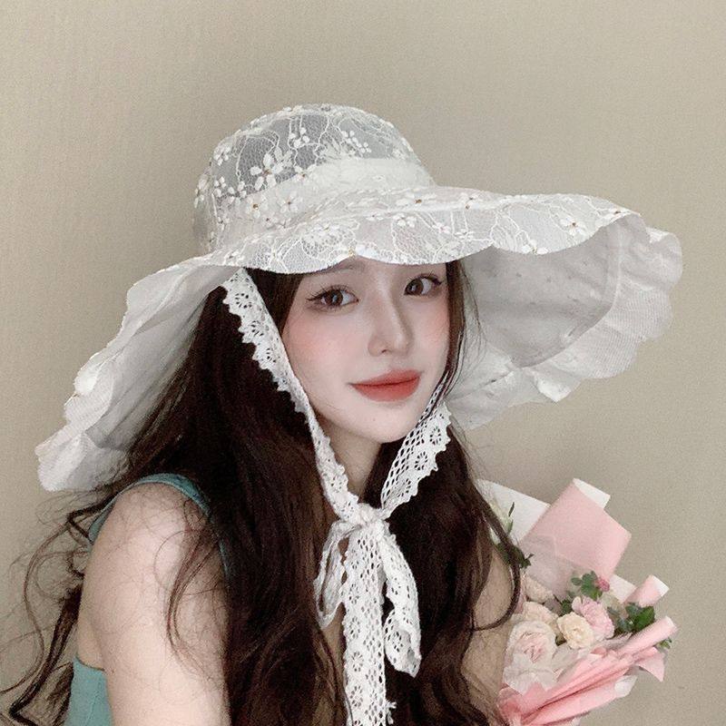 帽子女2024新款遮阳防晒帽白色蕾丝太阳渔夫帽夏季大帽檐遮脸透气