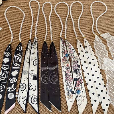 法式蕾丝珍珠腰带女高级感飘带多功能细长条小丝巾气质绑发带配饰