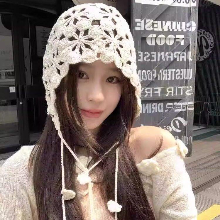 春秋季手工钩织针织帽子女镂空花朵堆堆帽流苏甜美可爱薄款包头帽