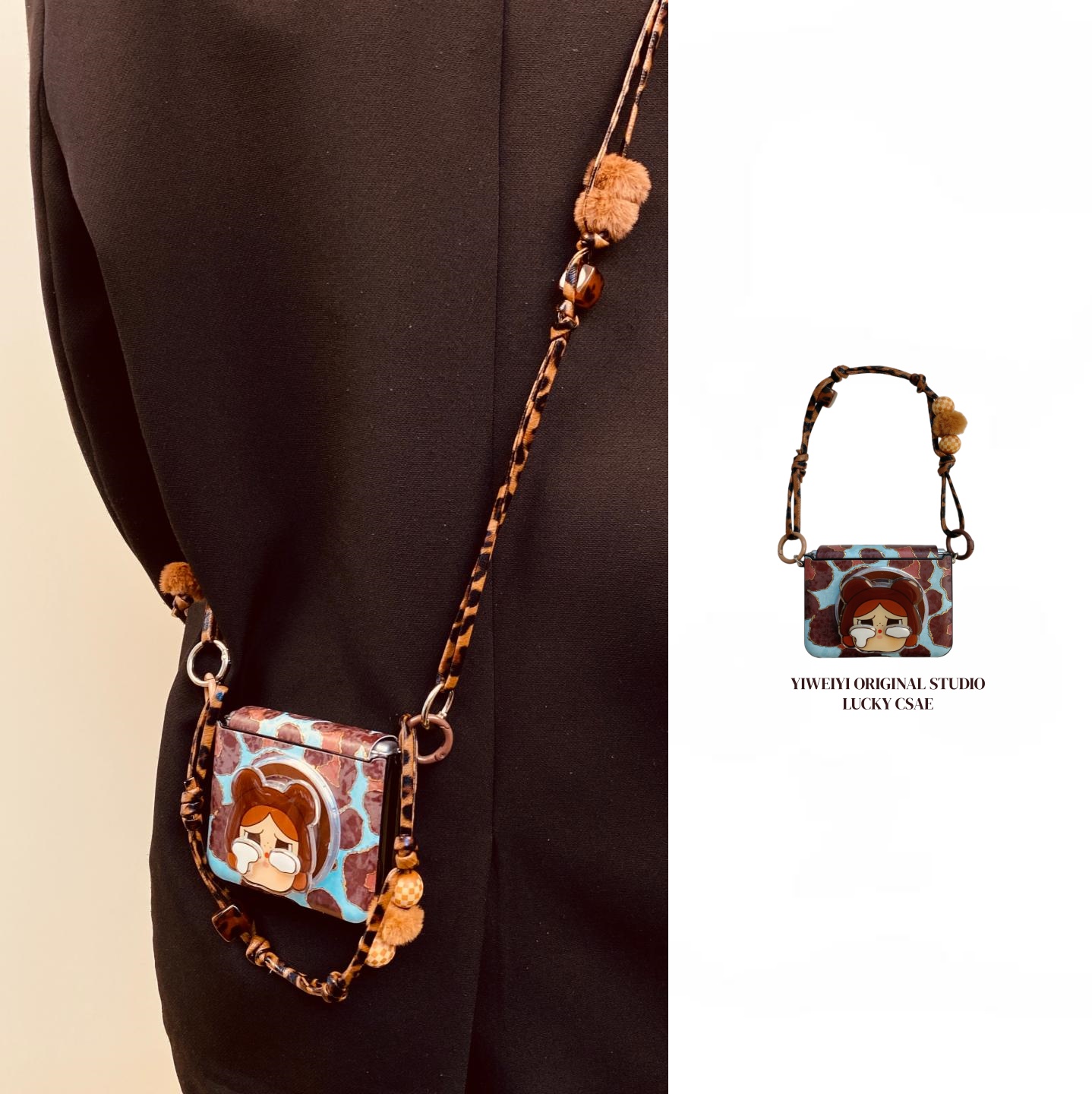 依维意 适用于华为PuraX手机壳磁吸哭娃支架折叠屏vivoXFlip蓝底烫金豹纹皮串珠手绳斜挎ZFlip7FE秋冬新款