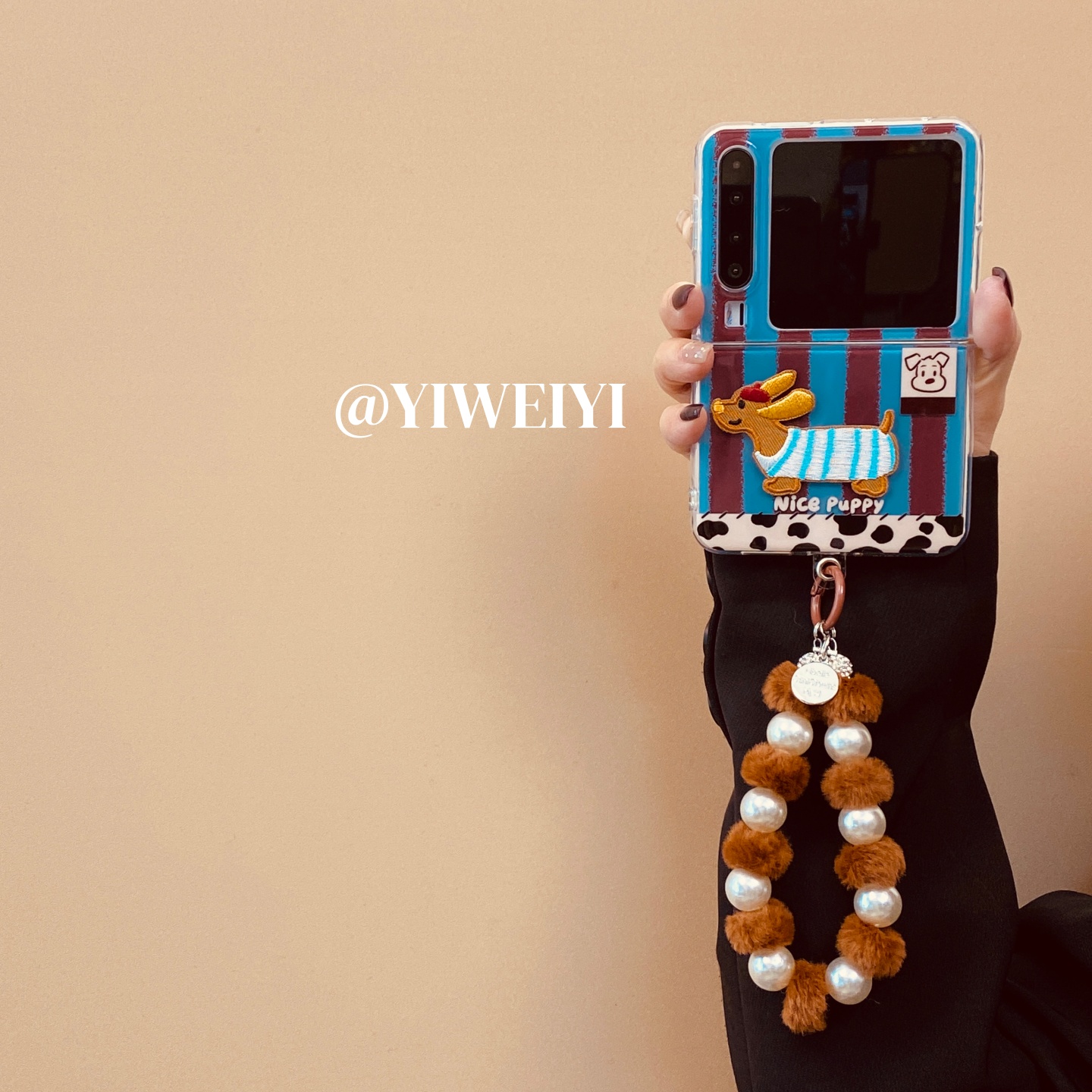 依维意 适用于华为purax手机壳pocket2棕蓝条纹折叠屏MateX6刺绣小狗毛绒珍珠手链防摔MateX3典藏版秋冬新款