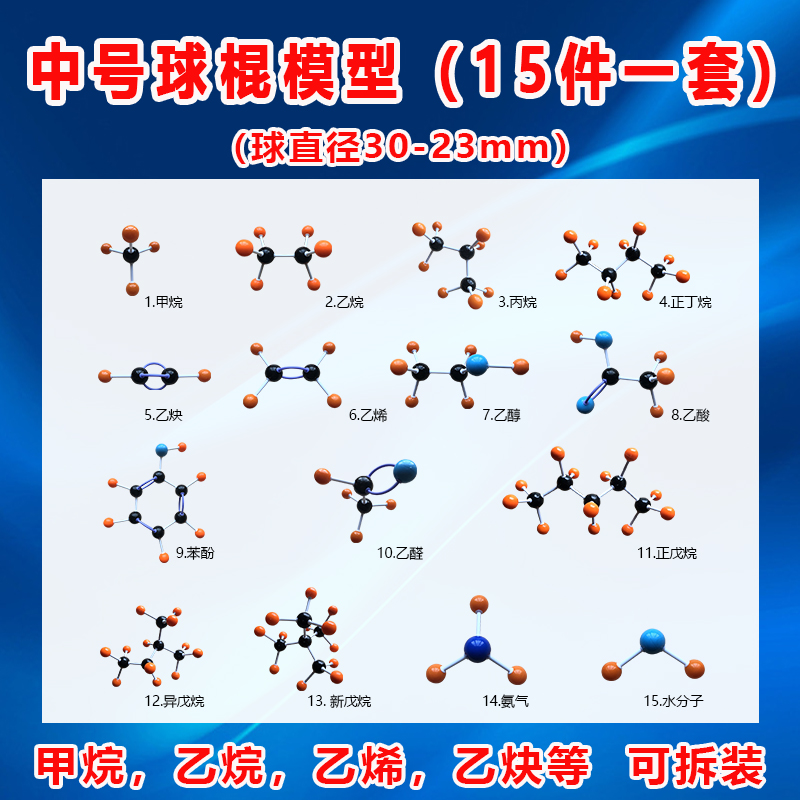 中号分子结构模型球棍模型15件一套甲烷乙烷乙烯乙烯苯酚乙醇乙酸戊烷丁烷水苯分子氨-封面