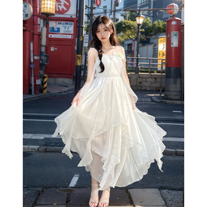 CherryKitty仙女座月光白裙夏季海边仙女白月光感亮纱雪纺长裙子