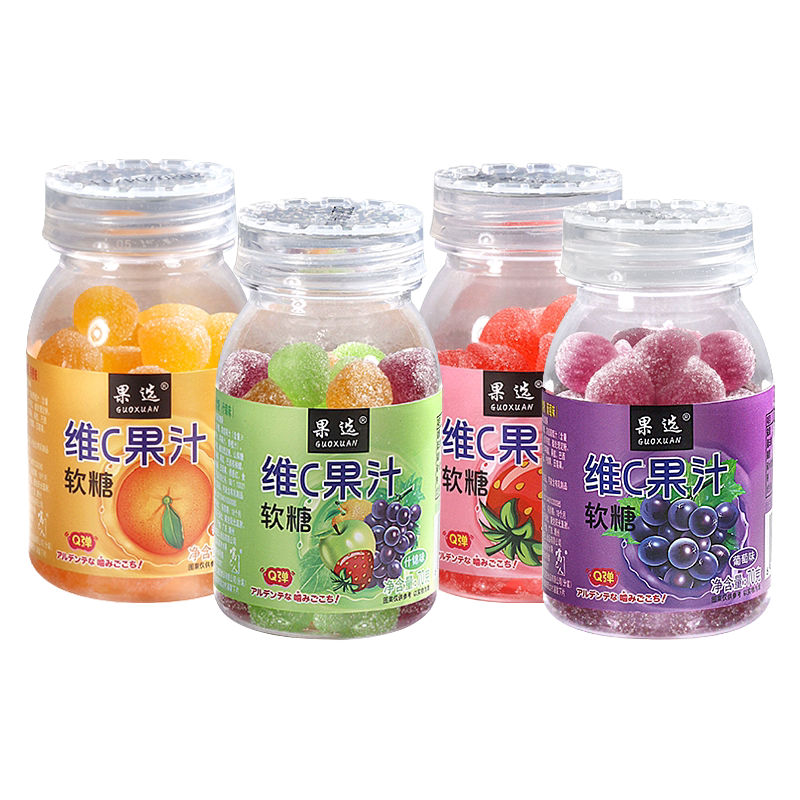 维C果汁软糖QQ软糖橡皮糖糖果混合水果味儿童怀旧休闲小零食罐装