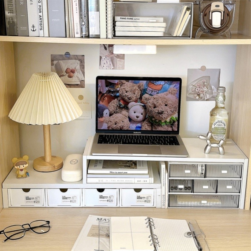 桌面双层增高架可伸缩办公室电脑置物架工位书桌桌上收纳盒带抽屉