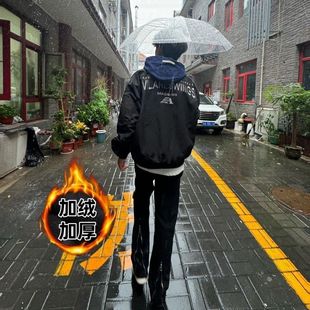 国民小林新款美式潮流复古飞行员字母印花夹克男女同款外套棒球服