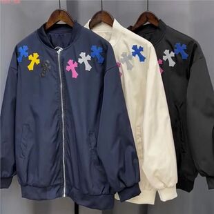 美式高街飞行员十字架印花夹克情侣秋冬潮牌黑色棒球宽松外套休闲