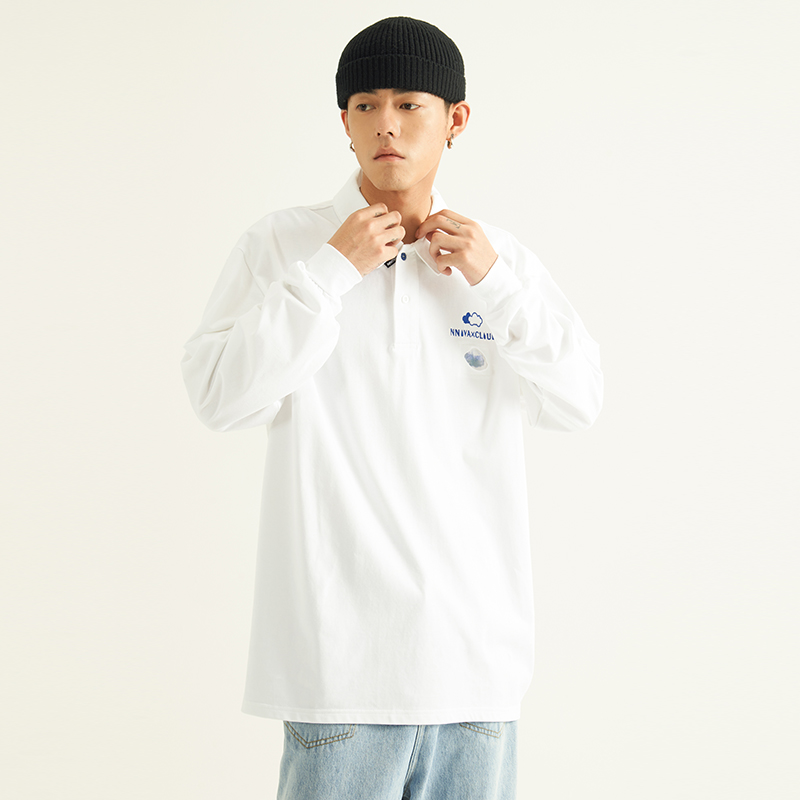 polo国潮刺绣云朵长袖宽松情侣装