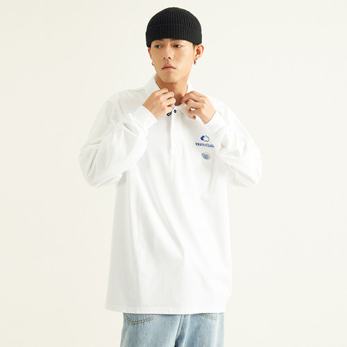 polo国潮刺绣云朵长袖宽松情侣装