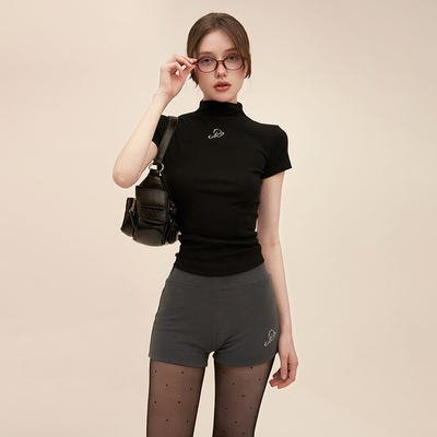 烫钻半高领正肩收腰短袖T恤