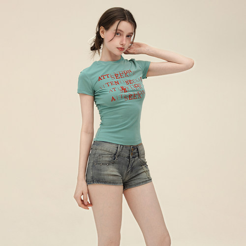 天丝字母印花正肩修身短袖T恤