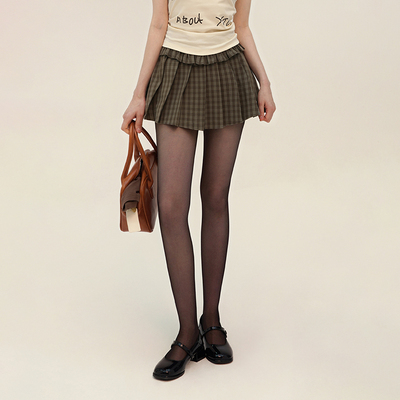 木耳卷边格子高腰迷你百褶短裙