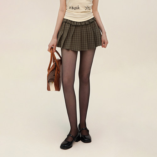 木耳卷边格子高腰迷你百褶短裙