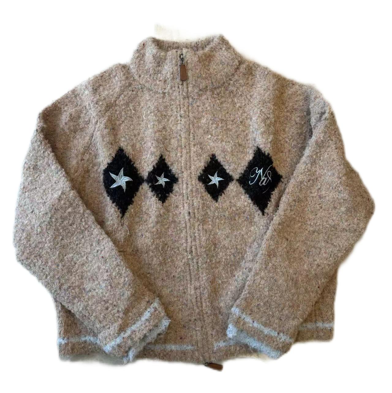 NNOVA 25冬款复古慵懒风菱形星星图案软糯双拉链针织开衫毛衣外套