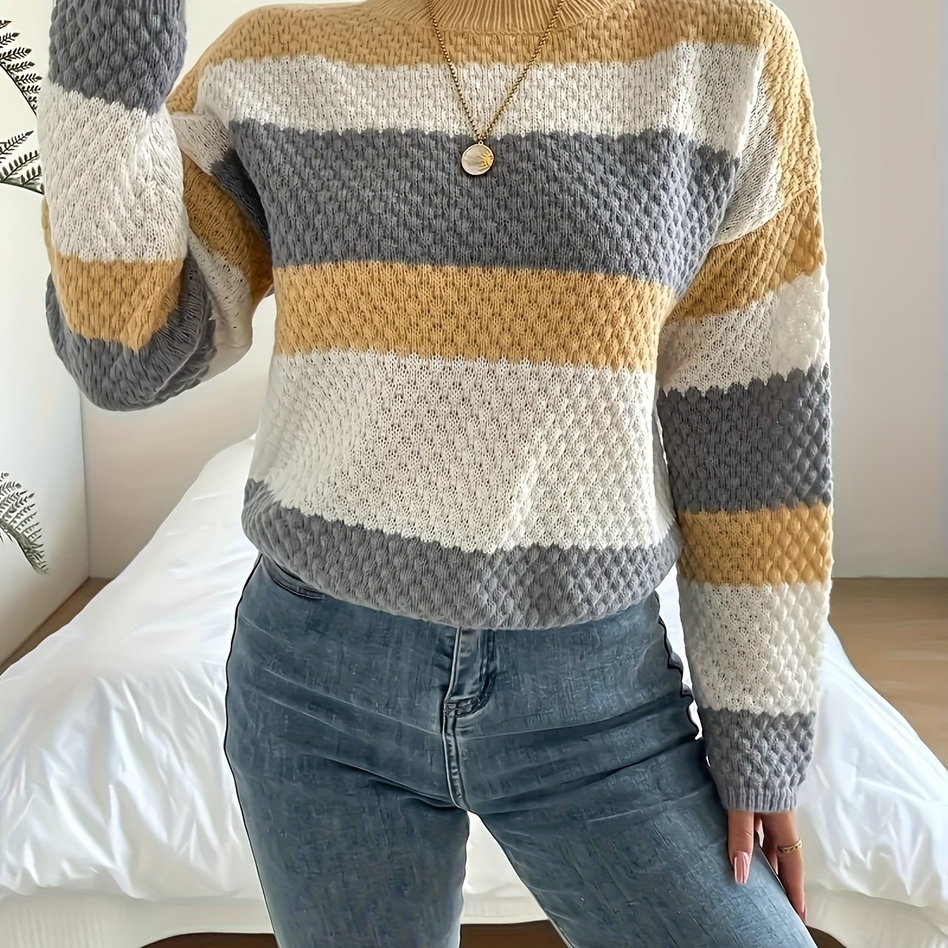 外贸清仓复古宽松百搭针织圆领套头衫上衣慵懒风毛衣女拼色条纹,女装/女士精品,毛衣,淘宝优惠券,粉丝福利购,淘宝优惠卷