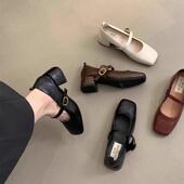 女皮鞋 法式 方头浅口单鞋 春季 中跟款 晚风气质仙粗跟玛丽珍小0201k
