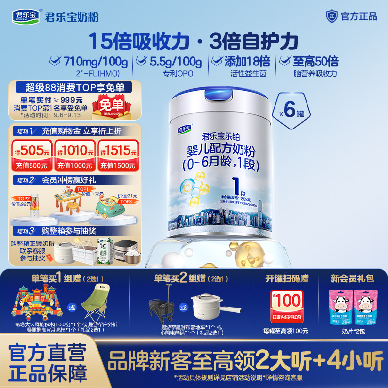 【乐铂铂金卡】君乐宝乐铂1段0-6月婴儿配方牛奶粉808g*6罐旗舰店
