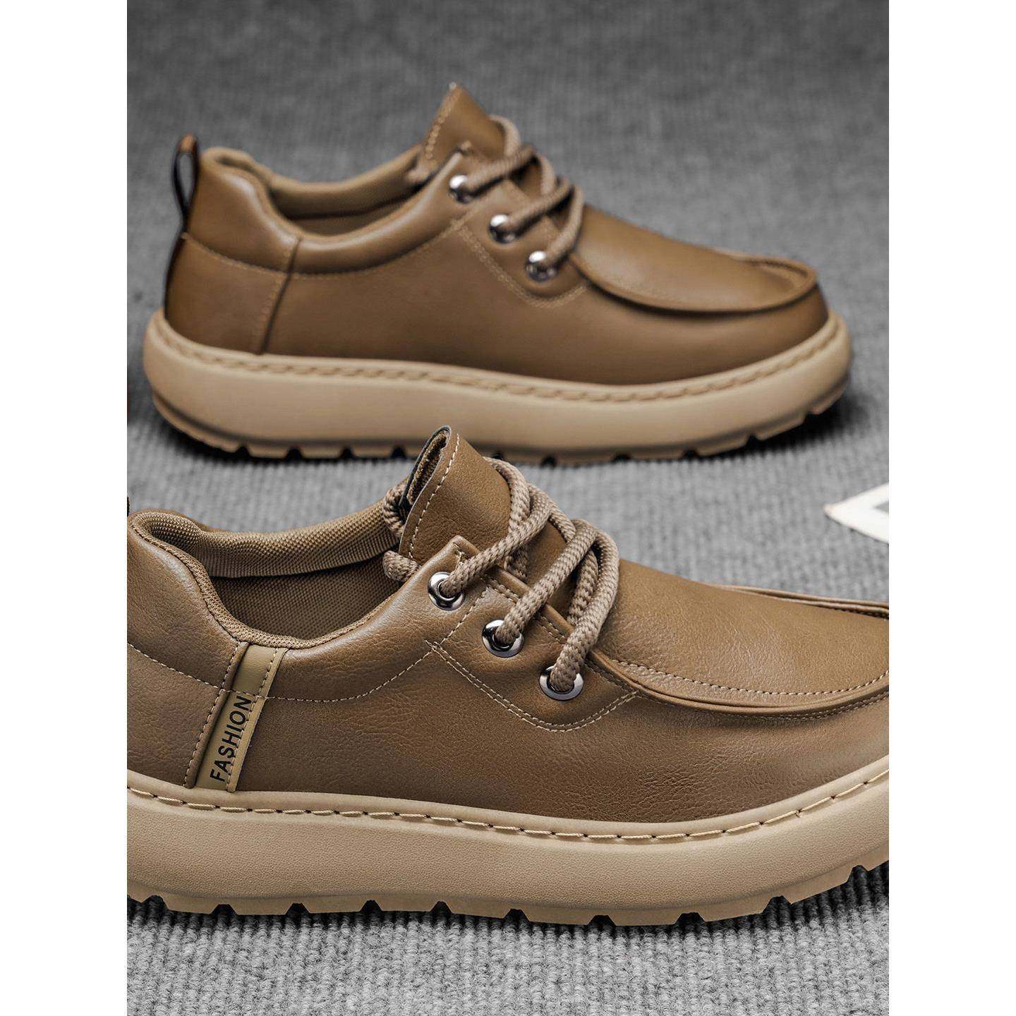 潮牌2025秋季新款时尚厚底运动休闲皮鞋男生百搭卡其增高防滑板鞋