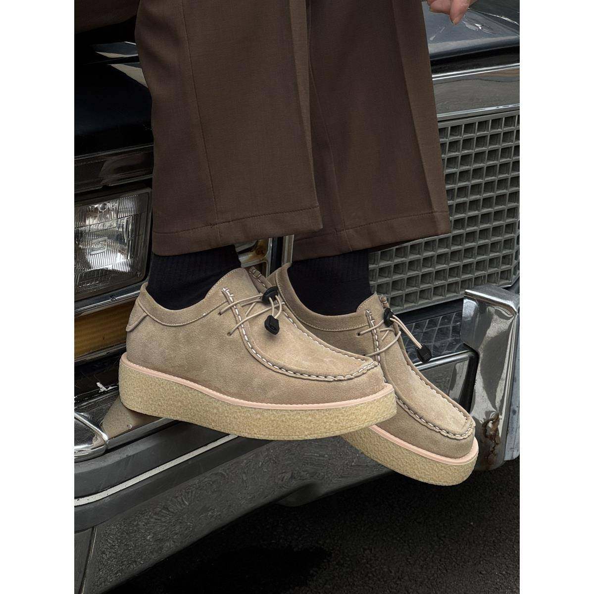 潮牌2025新款方头休闲皮鞋透气翻毛皮乐福鞋厚底增高美式覆古板鞋,流行男鞋,休闲皮鞋,淘宝优惠券,粉丝福利购,淘宝优惠卷