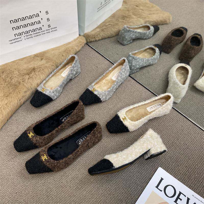 潮牌拼色小香风加绒粗跟单鞋女冬季2025新款低跟浅口瓢鞋毛毛鞋子