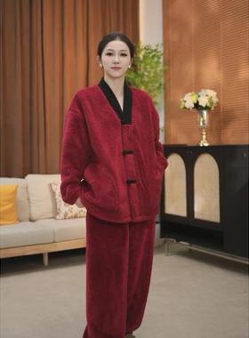 新中式红色V领北极绒睡衣女冬季大码可外穿加绒加厚保暖家居服