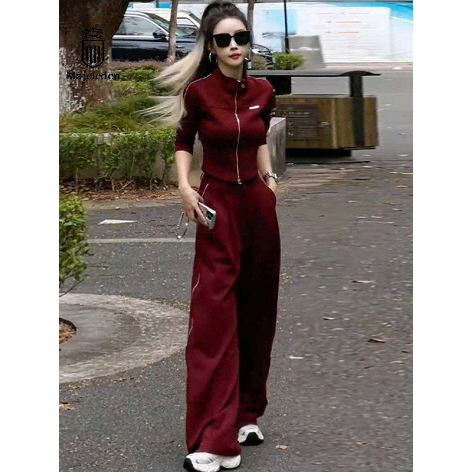 正品2025秋季新款休闲运动套装女高级感洋气红色外套阔腿裤两件套