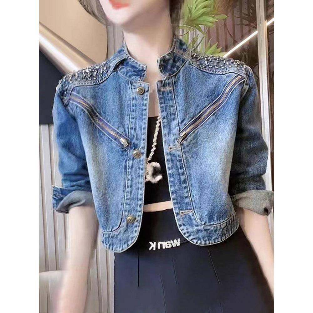 欧洲站牛仔外套女减龄2025年春秋新款立领镶钻小个子短款显瘦上衣,女装/女士精品,短外套,淘宝优惠券,粉丝福利购,淘宝优惠卷