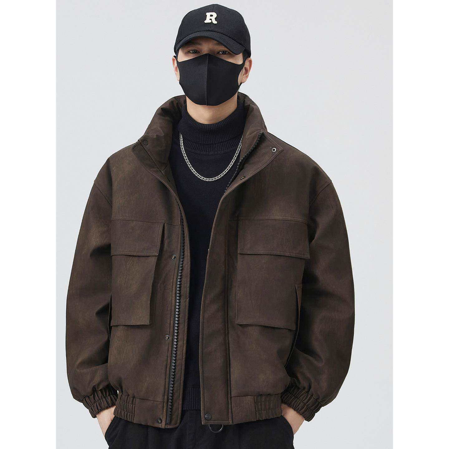 美式覆古立领羽绒服男冬季加厚潮牌高端多口袋休闲短款PU皮衣外套