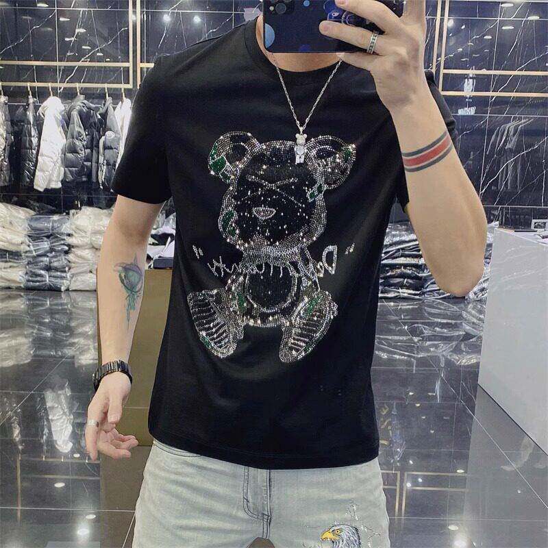 Trend Mr潮牌夏季新款短袖T恤男网红小熊烫钻半袖宽松圆领男上衣
