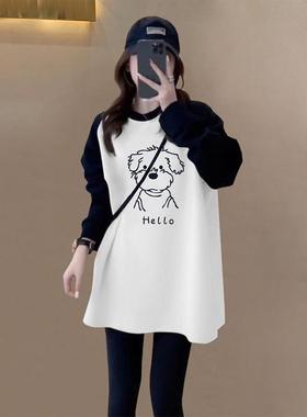 韩国磨毛厚款插色正肩圆领T恤女中长款宽松休闲减龄卡通印花上衣