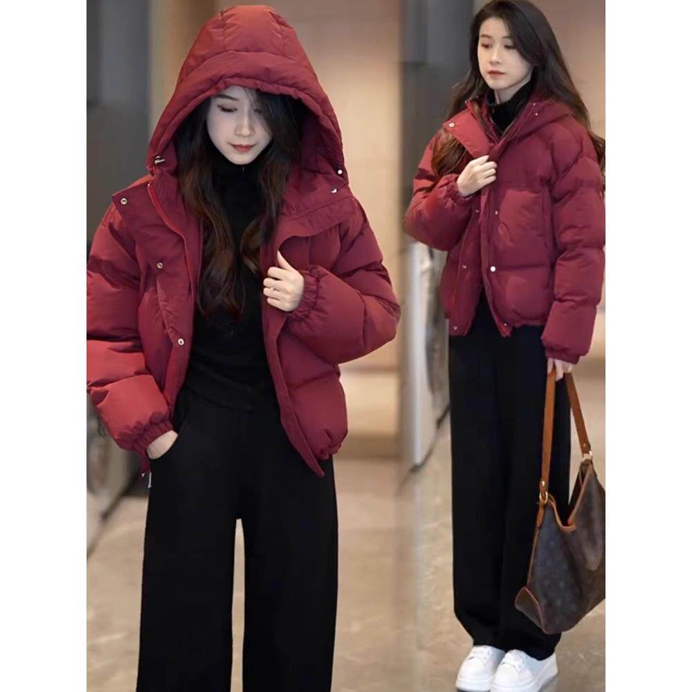 香港代购时尚短款连帽羽绒服女冬季新款韩版保暖休闲面包服外套