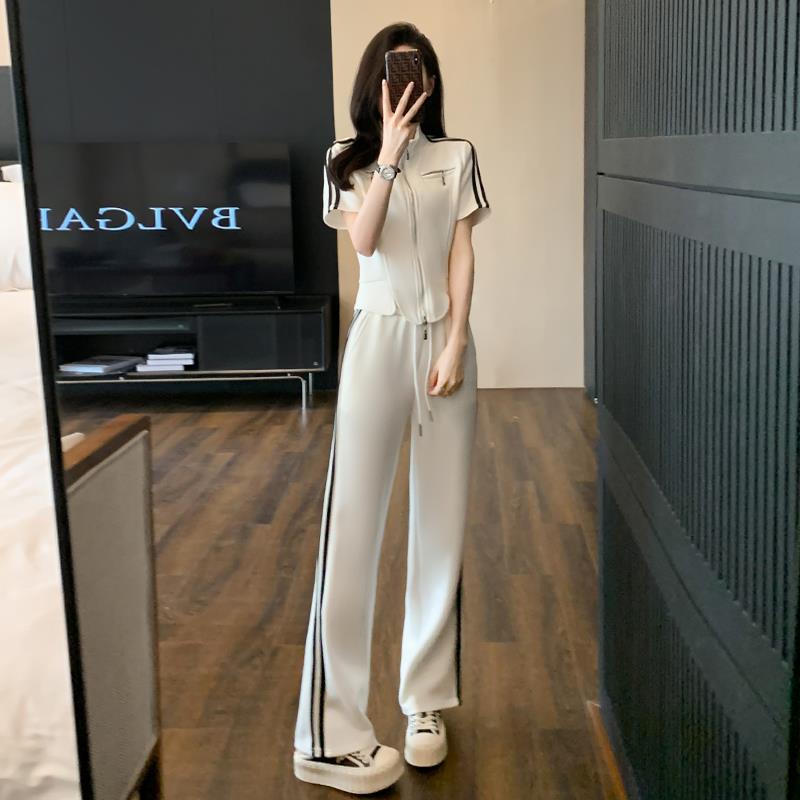 欧洲站白色休闲运动套装女夏大码2025年新款时尚阔腿裤两件套潮牌