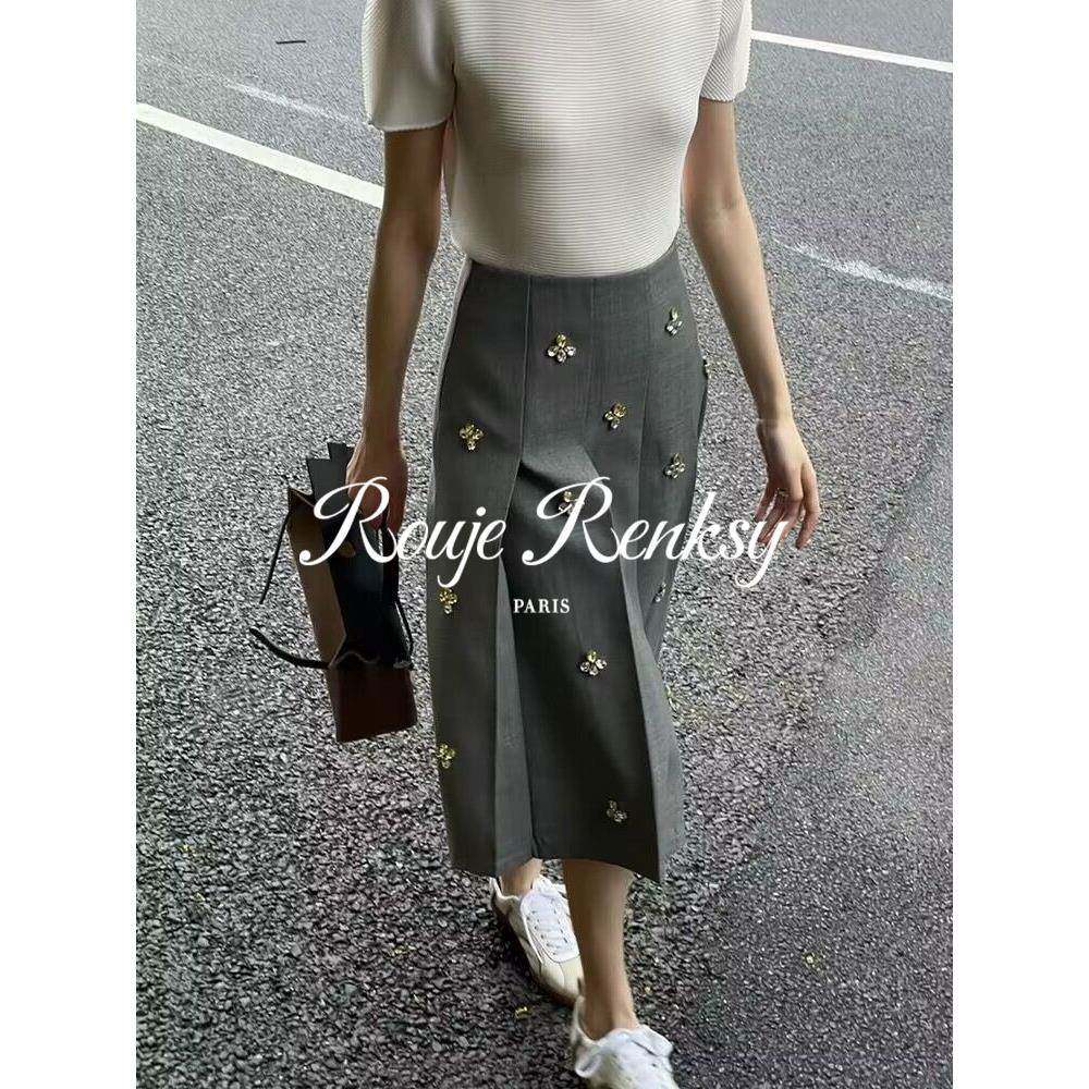 法国Rouje Renksy法式钉钻灰色百褶半身裙女春高腰气质压褶西装裙