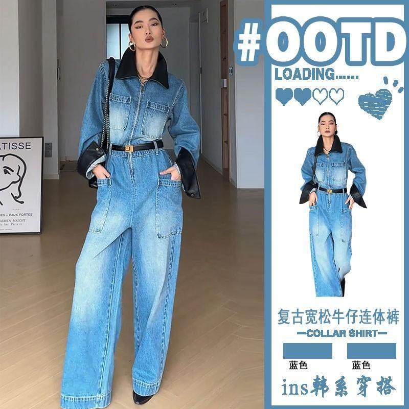 香港春季复古polo领收腰工装牛仔连体裤女长袖连衣裤高腰阔腿裤子,女装/女士精品,连体衣/裤,淘宝优惠券,粉丝福利购,淘宝优惠卷