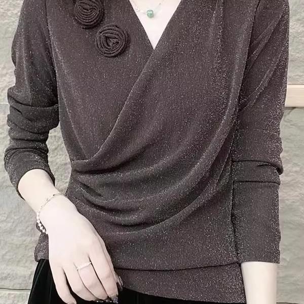 香港TIMO春季V领洋气时尚气质减龄打底衫女士亮丝长袖显瘦t恤上衣