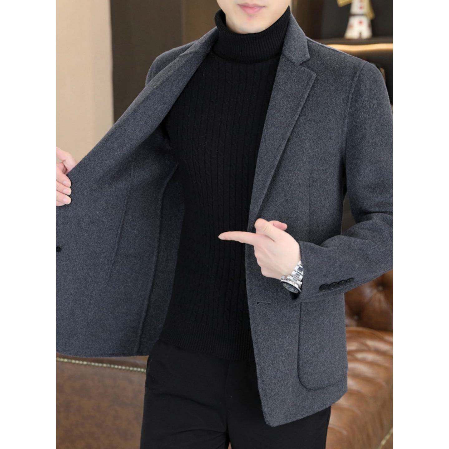 高端男士羊毛西装外套秋冬新款翻领修身休闲西服双面呢短款大衣男